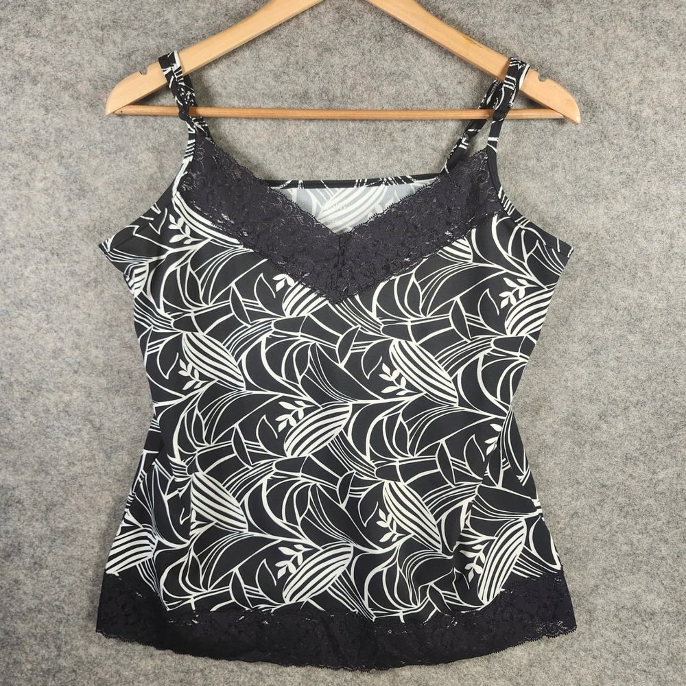 GNW Camisole Women Large Black White Lace Trim‎ Abstract Print Adjustable Strap